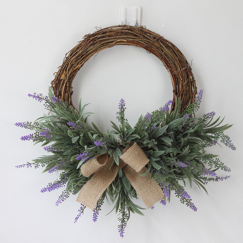 Primrue 15” Artificial Lavender Wreath, Front Door Wreath With Green